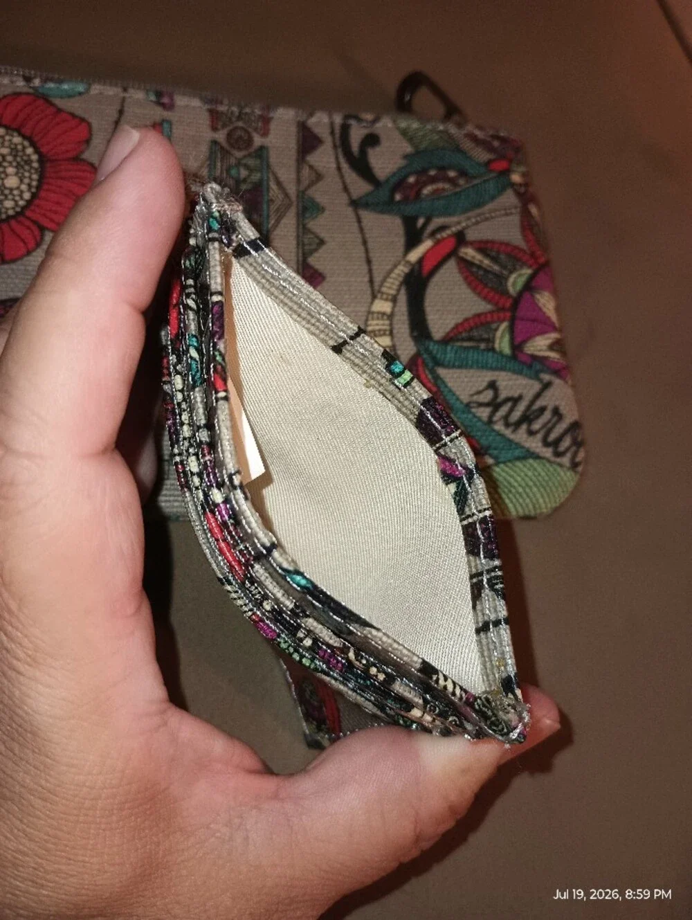 Sakroots Beige Floral Zip Pouch And Wallet Combo with Teal, Red & Pink Accents